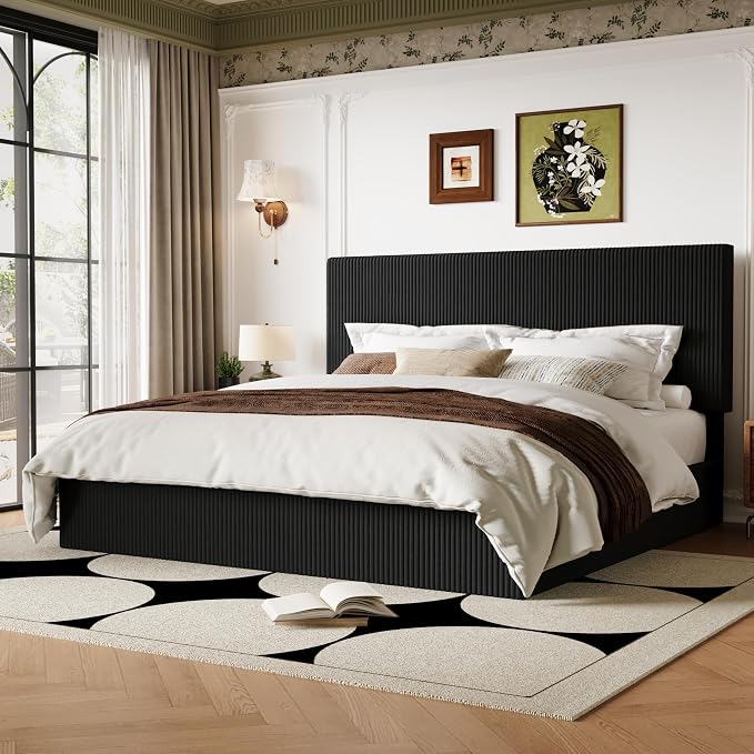 Allewie King Bed Frame, Adjustable Corduroy Headboard, Platform, Black | Adjustable Headboard, Corduroy Fabric, Low Profile, Wooden Slats, 1000 lb Capacity, No Box Spring Needed