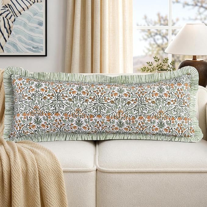 Ridhi Block Print Goldenrod Yellow Ruffle Lumbar Pillow Shams, 36" x 14" | 100% cotton, Floral Pillowcase, Cushion Cover, Hidden Zipper, Cottagecore Bedding, farmhouse boho style, fits couch, sofa,Bed