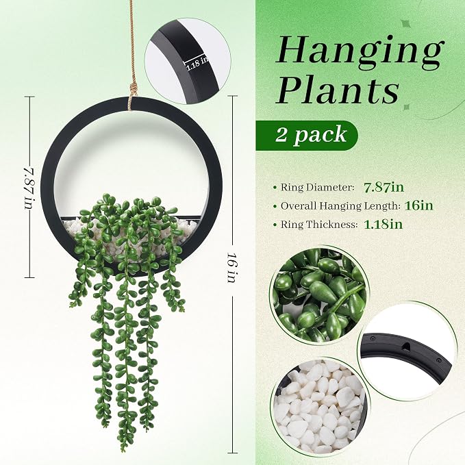 Der Rose 2 Pack 16" Artificial Hanging Plants in Black Pots for Wall Decor | Hanging succulents plants，faux string of pearls plants,great for bathroom bedroom living room boho wall decor，fresh all year
