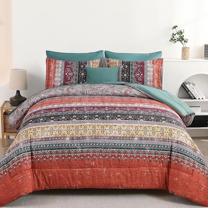 Cottolester Boho King Size Comforter Set 8 Pieces, Orange and Green Bohemian Striped Bed in a Bag, Paisley Soft Microfiber Bedding Comforter Set