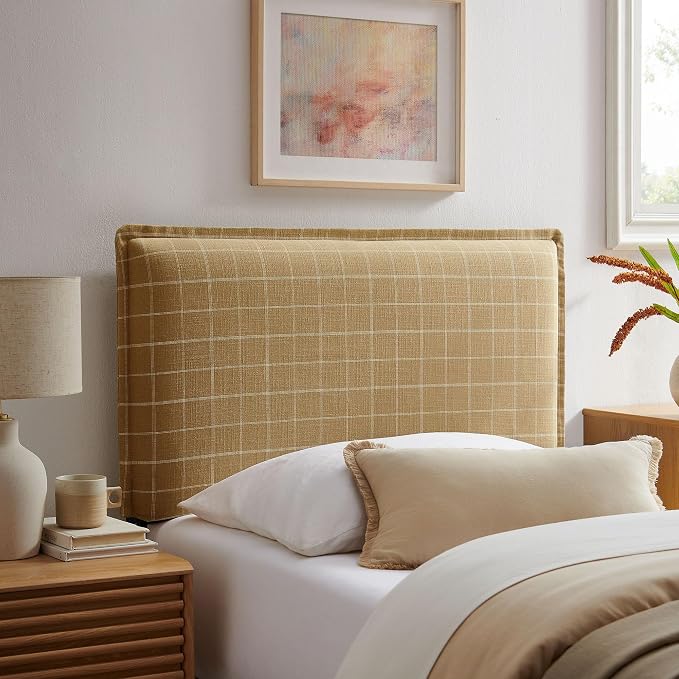 Modway Camille Twin Size Checkered Linen Blend Plaid Headboard with Removable Slipcover – in Denim Windowpane Check - Padded Pillow Style Headboard with Adjustable Mounting for Twin Beds