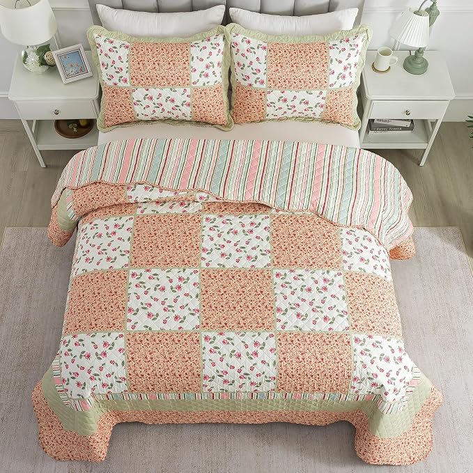 Quilt Set Queen Size, Bedspread Sets Warm Orange Floral, Reversible Quilt Bedding Set Lightweight and Breathable for All Seasons, Soft Quilted Bedspread with 2 Pillow Shams