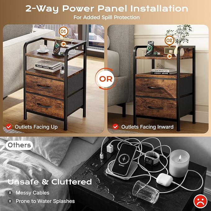 Huuger Nightstands Set of 2, Night Stand, Charging Station, USB-C Ports | 2 Drawers Bed Side Table, Open Shelf, 2-Way Power Panel Installation, End Table for Bedroom, Rustic Brown