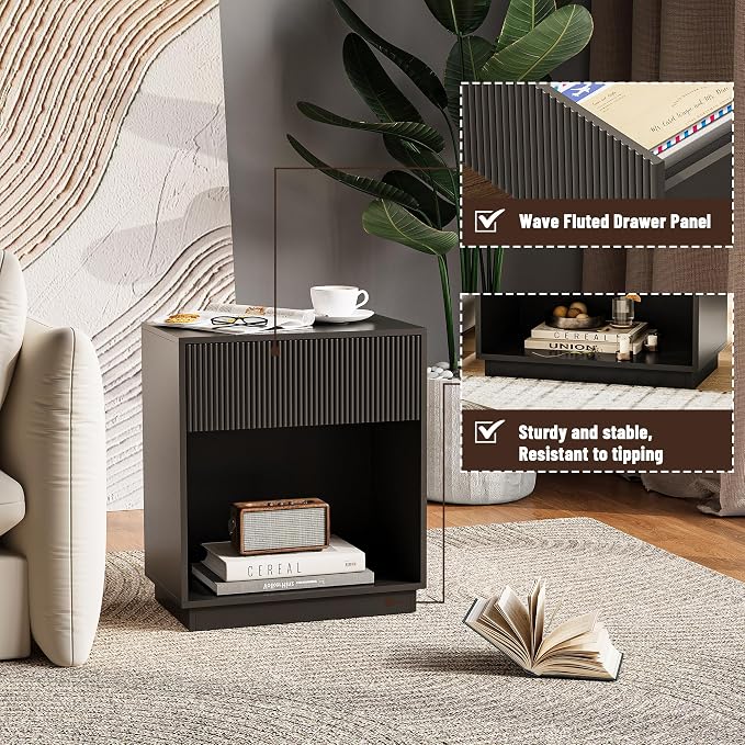 Fluted Nightstands Set of 2, Modern Bedside Table with Storage Drawer and Open Wood Shelf, Wood End Table Mid Century Night Stands for Bedroom Living Room Sofa Couch Office (Black)