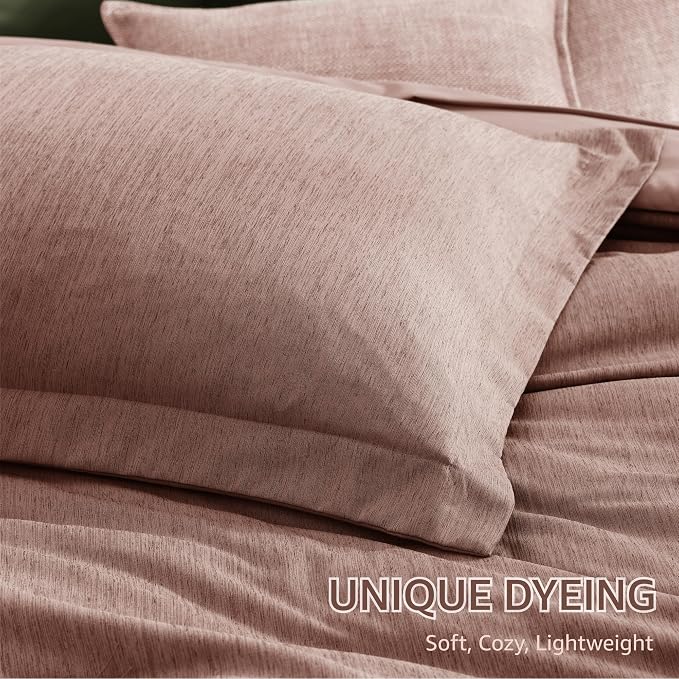Monbix Full Comforter Set 7 Pieces Dusty Pink Cationic Dyeing Bed in a Bag | Lightweight Reversible All Season Bedding Sets with Comforter, Sheets, Pillowcases & Shams