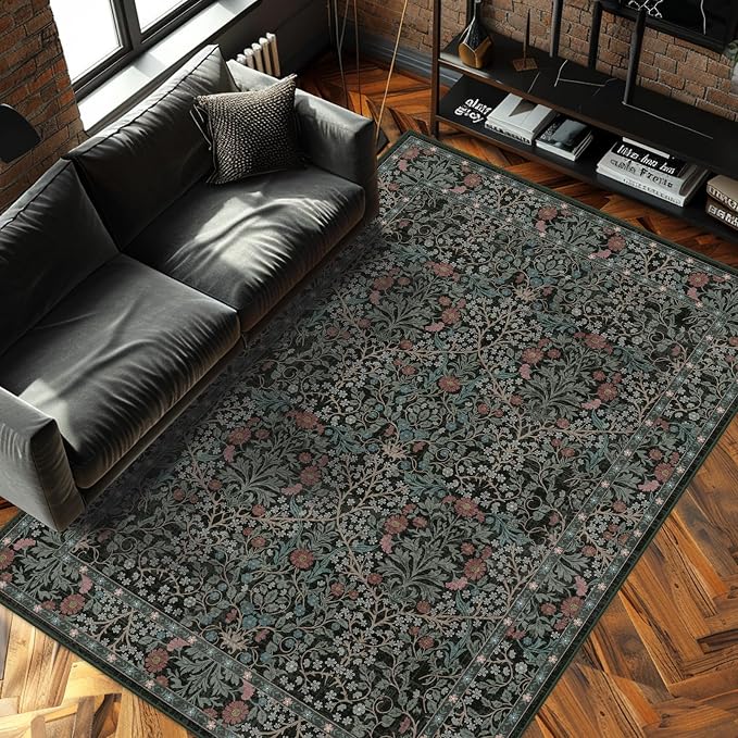 6x9 Washable Area Rugs for Living Room, Stain Resistant Vintage Rugs for Dining Room Under Kitchen Table, Bedroom, Floral Low Pile Non-Slip Large Carpet (6 x 9 Dark Green)