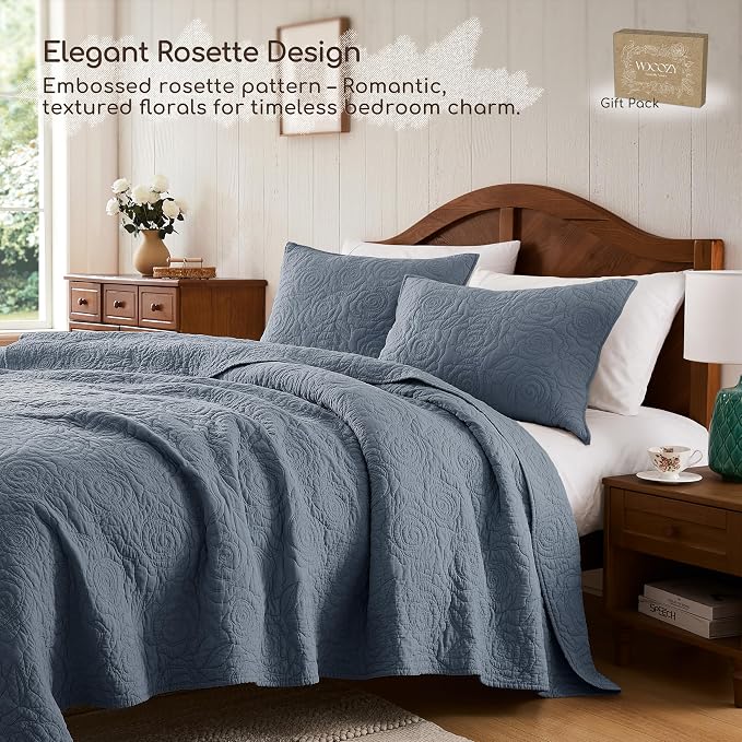 WDCOZY 100% Cotton King Size Quilt Bedding Sets Floral Rosette Dusty Blue | Pre-Washed Thin Farmhouse Bedspread, 106"x96" Comforter + 2 Shams 20"x36", Lightweight Coverlet, All-Season, Machine Washable
