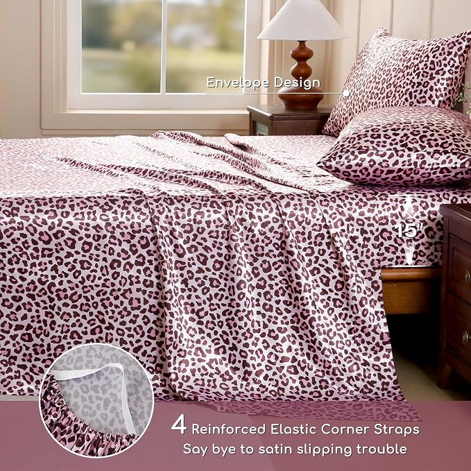 MR&HM Satin Sheets Twin XL Size with Elastic Corner Straps, Pink Leopard | Similar to Silk, 3-Piece Silky Soft Bed Sheet Set, Gentle on Skin and Hair, 15" Deep Pocket, Cooling & Breathable