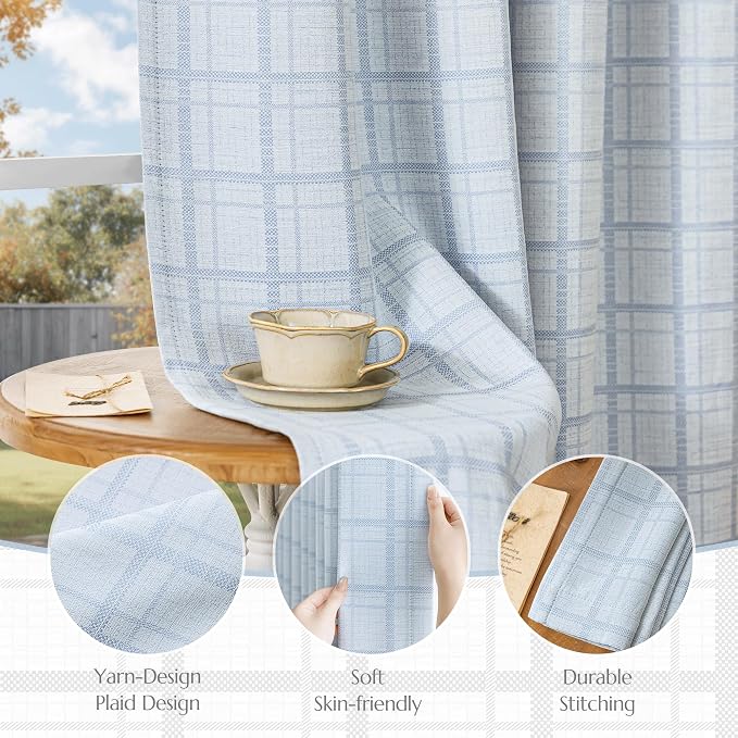 Beauoop Blue Plaid Jacquard Blackout Curtains for Bedroom 52x63 2 Panels | Gingham Checkered Room Darkening Drapes for Living Room 63 Inch Long Thermal Insulated Soundproof Window treatment Grommet