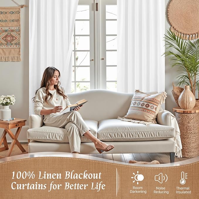 White 100% Blackout Linen Bedroom Curtains 63 Inches 2 Panels | Neutral Drapes for Short Windows, Farmhouse, Thermal Insulated Panels, Rod Pocket Back Tab, with White Liner, 38 x 63 Inch
