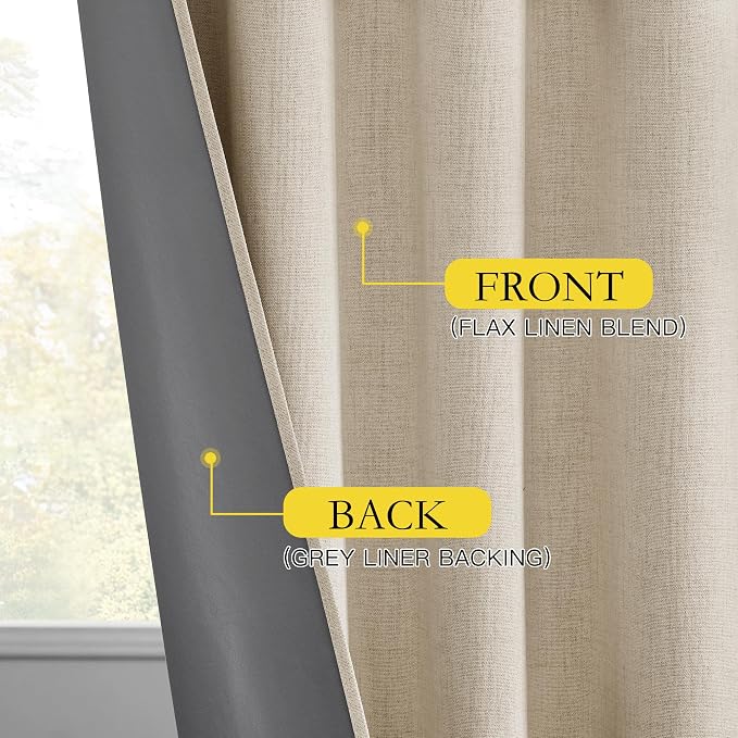 NICETOWN 100% Blackout Linen Curtains 84 inch Long 2 Panels, Beige | Thermal Insulated, Thick Linen Blend, Rod Pocket & Back Tab, Privacy Draperies for Apartment, Living Room, 52" W per Panel