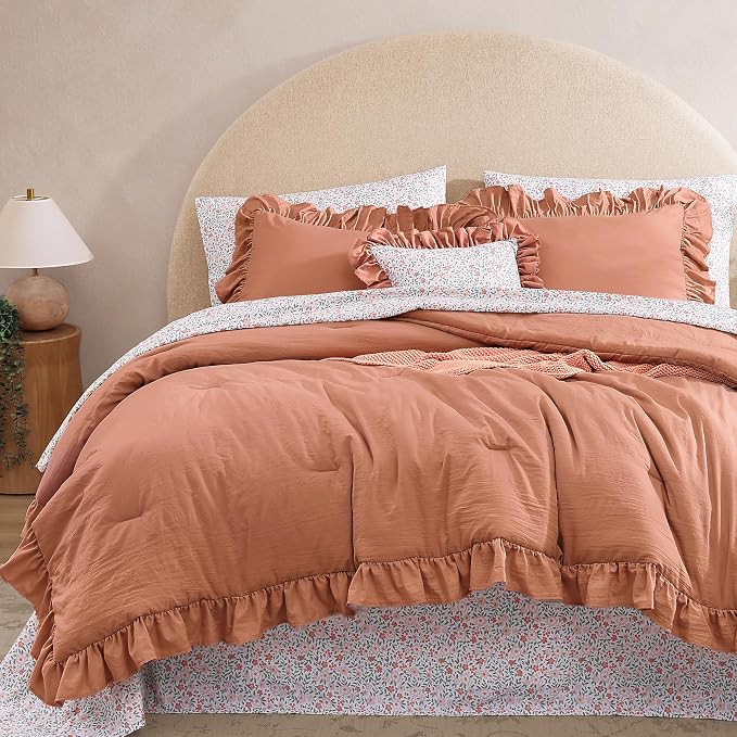 Queen Comforter Set-7 Pieces Ruffle Bedding with Floral Sheet | Autumn Leaf Bed in a Bag, Soft Lightweight All Season Farmhouse Queen Bedding Sets with Floral Sheets, Pillowcases & Shams