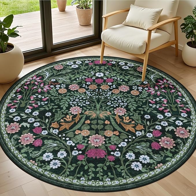 PLHXFR Round Area Rug Living Room: 4 ft Floral Washable Carpet Dark Green | For Bedroom Dining Room Farmhouse Nursery Hallway,Vintage Floral,Machine washable,Non Slip,Stain Resistant,Large Indoor