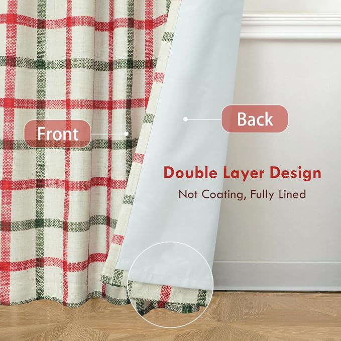 DriftAway 100% Blackout PlaidCurtains 72 Inches Long 2 Panels Red Green | 100% Blackout, Linen Texture, Plaid Pattern, Two Layers, Rod Pocket & Back Tab, Bedroom Living Room Use, Luxury Appearance