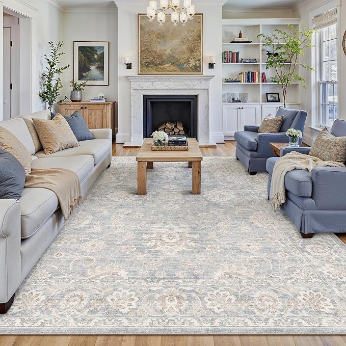 10x12 Blue Cream Neutral Area Rug | Vintage, Soft, Non Slip, Low Pile, Distressed, Carpet for Living Room Bedroom Dining Room Nursery Indoor Home Decor