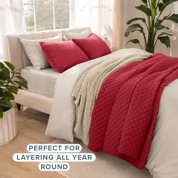 Bare Home Coverlet Set - Full/Queen - Lightweight Bed Decor - Comforter Alternative - All-Season Quilted Bedspread (Full/Queen, Red)