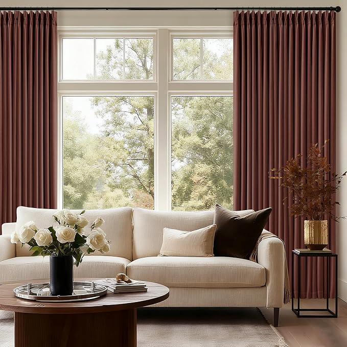 TWODRAPES Brick Brown Pinch Pleated Blackout Linen Curtains 120 Inches Long | 100% Black Out Room Darkening, Thermal Insulated, Red Chestnut Country Farmhouse, Drapes for Living Room Bedroom 2 Panels
