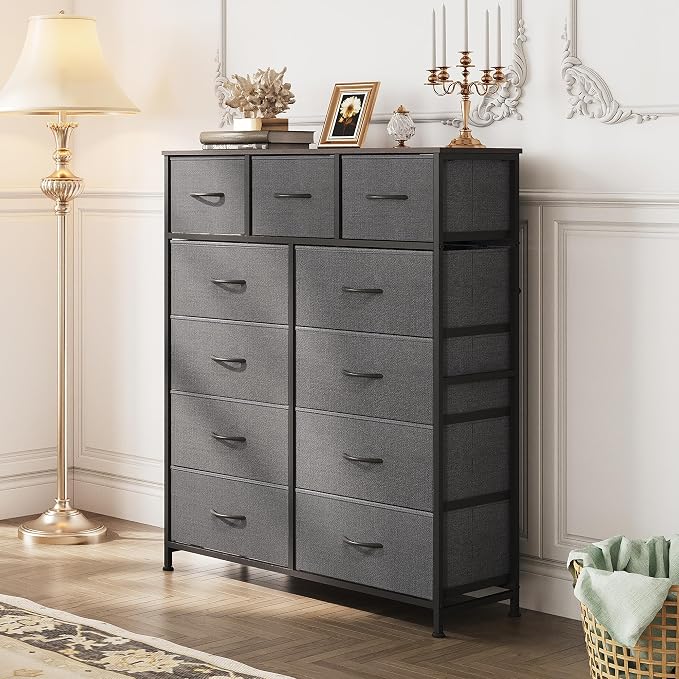 WLIVE Tall Dresser for Bedroom, 11 Drawer Chest of Drawers, Dark Grey | 11 fabric storage drawers, Tall high-capacity design, Bedroom or dorm use, Sturdy steel frame, Smooth wood tabletop