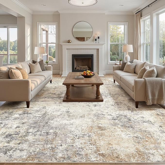 UERMEI 11x14 Area Rug Living Room Rugs - Washable Neutral Modern Abstract Soft Thin Large Rug Indoor Floor No Slip Rug Carpet for Bedroom Under Dining Table Home Office Decor - Golden Grey