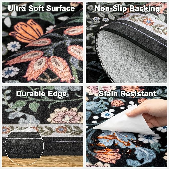 PLHXFR 2.6x10 Washable Runner Rug：Floral Indoor Kitchen Carpet Dark Black | For Hallway Bedroom Kitchen Laundry Bathroom Dorm,Vintage Floral,Machine washable,Non Slip,Stain Resistant,Indoor Floor