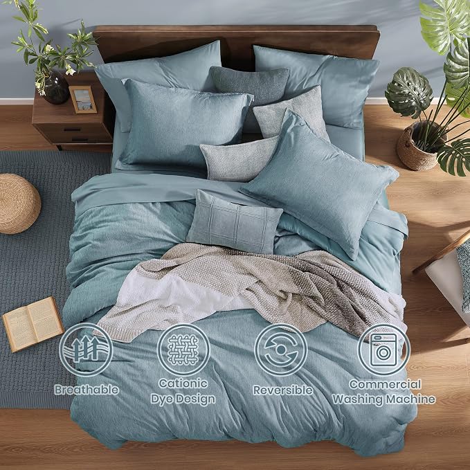 Monbix Full Comforter Set 7 Pieces Dusty Blue Cationic Dyeing Bed in a Bag | Lightweight Reversible All Season Bedding Sets with Comforter, Sheets, Pillowcases & Shams