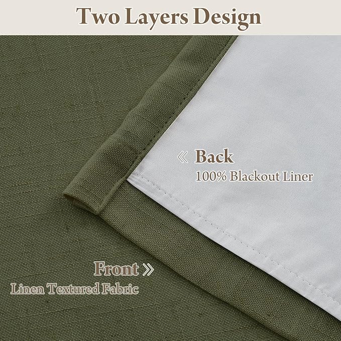 RYB HOME Linen Blackout Curtains 96 inches Long, 100% Blackout Noise Reducing Thermal Insulated Natural Textured Curtains for Farmhouse Dining Room, Olive Green, 40" W x L96 L, 2 Panels Set