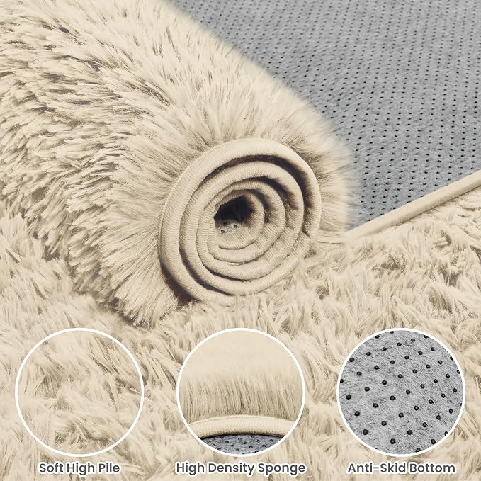6x9 Fluffy Shag Area Rugs for Living Room Bedroom: Soft Plush Carpet Beige | Upgraded Non-Slip Thick Memory Foam, Ultra Soft, Non-Shedding Fuzzy Carpet, Easy Clean Decor for Kids Room, Nursery, Playroom