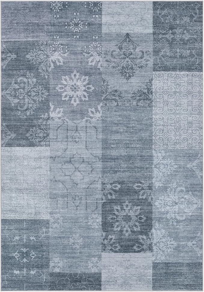 UERMEI 5x7 Area Rug for Living Room - Washable Vintage Carpet, Non-Slip Soft Large Indoor Floor Rugs for Bedroom Home Office & Under Dining Table Decor, Blue Block
