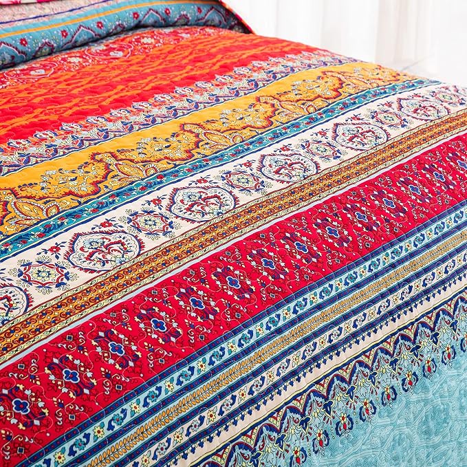 WONGS BEDDING Boho Quilt King Size,3 Pcs Bedspread Set, Orange and Blue | Colorful Bohemian Striped Printed Bedding for All Season, Lightweight Microfiber Coverlet Set with 2 Pillowcases(104"x90")
