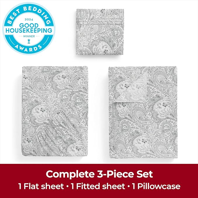 Mellanni Iconic 3-Piece, Ultra Soft Sheet Set (Twin, Paisley Gray) | 10M+ Sleepers. Lab-tested: Sleeps Cool, Stays Bright, Strong, Smooth. Good Housekeeping Best Bedding, 7 yrs running.