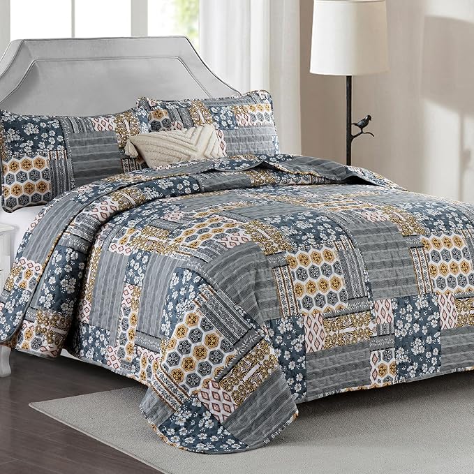 Mybedsoul Boho Quilts Queen Size, Floral Patchwork Bedding Set, Dark Grey | Soft Lightweight Microfiber Coverlet Set, 3 Pieces Plaid Reversible Bedspread, Bed Sets for All Seasons 96"x90"