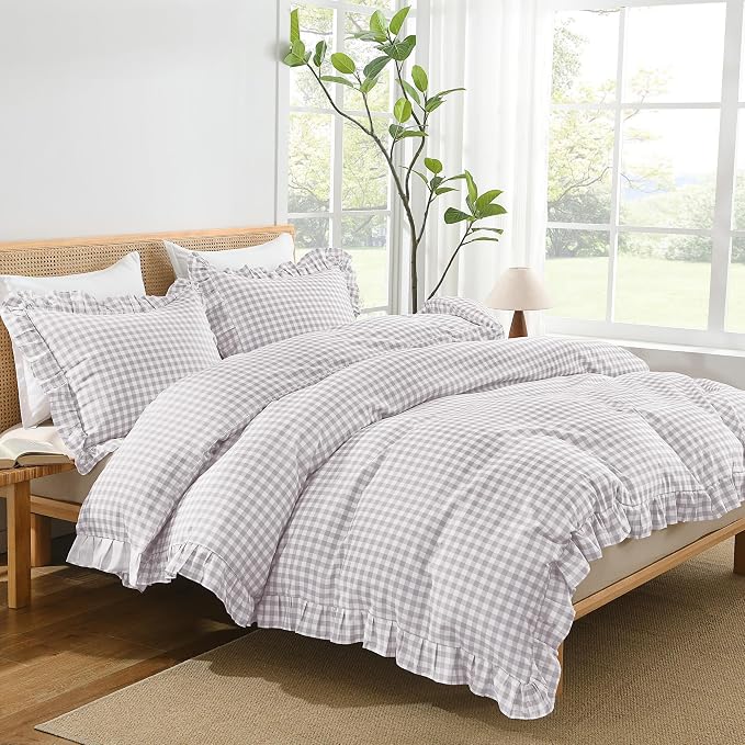 Andency Light Grey Gingham Duvet Cover Full, Ruffle Chic Bedding Set 3 Pcs | Farmhouse Soft Pre-Washed Polyester Comforter Cover with Zipper Closure & Corner Ties, 79x90Inch