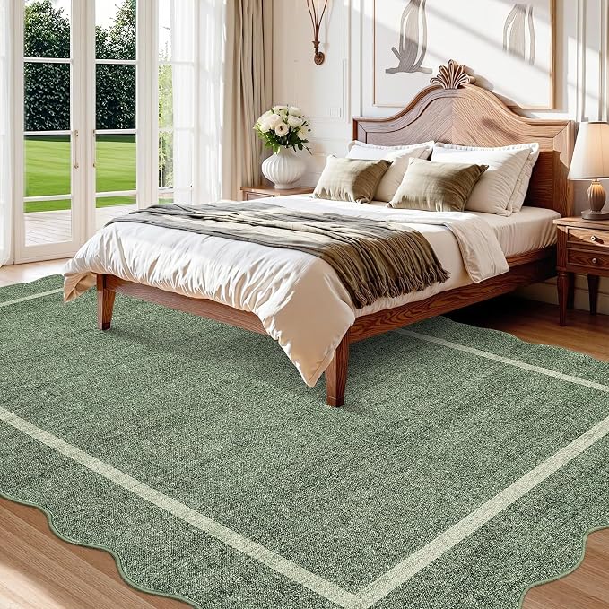 GarveeHome Scalloped Large Area Rug 10x13 Rug for Living Room Greyish Green | Modern Washable Non Slip Throw Rugs Bedroom Rugs Low Pile Stain Resistant Carpet for Dining Room Nursery Classroom 10'x13'