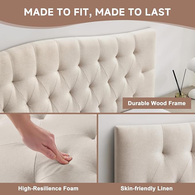 Tufted Upholstered King Size Headboard Only, Adjustable 38-50 in, Beige | King Headboard for King Size Bed, Durable Linen Fabric Headboards, Modern Diamon Design Wood Head Board