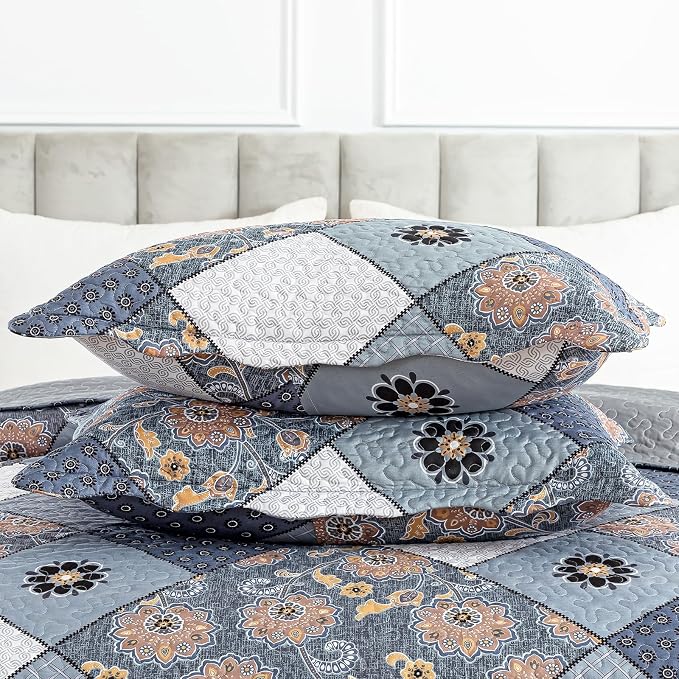 Quilt Set King Size, Bedspread Sets Delicate Square Floral, Quilt Bedding Set Lightweight and Breathable for All Seasons, Soft Quilted Bedspread with 2 Pillow Shams