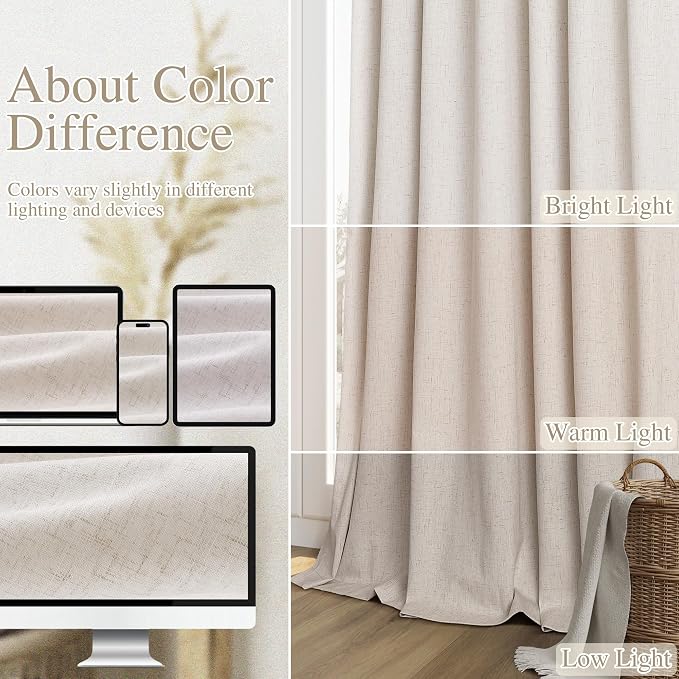 100% Blackout Curtains 102 Inch Length 2 Panels Set for Living Room Bedroom Back Tab Thermal Insulated Black Out Linen Drapes Room Darkening Window Curtains 102 Inches Long, Sand Beige
