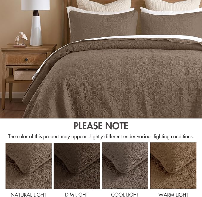 Madison Park King Quilt Bedding Set, Cottage-Inspired Damask, 3PC | All Season Quilted Coverlet, Classic Stitch Pattern Bedspread & Shams, Ultra Soft Microfiber Bedspread Set, Mocha