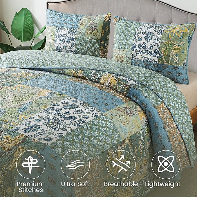 Cotton Patchwork Bedspread, 3-Piece Bedding Quilt Set with Real Stitched Embroidery, Reversible Matelasse Bed Coverlet Set,Green Farmhouse Garden,Queen Size