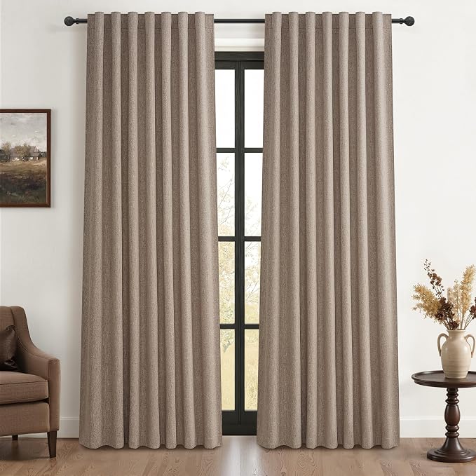 Dark Flax 100% Blackout Curtains 86 Inch Length 2 Panels Set Farmhouse Style for Bedroom Windows/Living Room Thermal Insulated Neutral Boho Drapes Linen Blend Chocolate Hook Belt Pleated (50"W x 86"L)