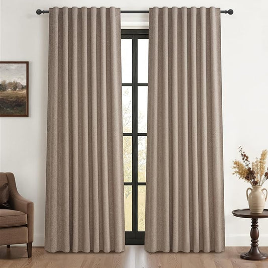 Dark Flax 100% Blackout Curtains 84 Inch Length 2 Panels Set Farmhouse Style for Bedroom Windows/Living Room Thermal Insulated Neutral Boho Drapes Linen Blend Chocolate 7ft Long Hook Belt Pleated