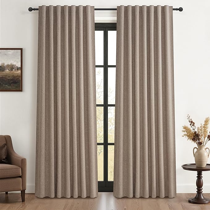 Dark Flax Black Out 120 Inch Long Boho Curtains 2 Panel Set, Farmhouse Curtain for Living Room Darkening/Thermal/Noise Reduction Textured Linen Drape 10ft Hook&Ring Included Chocolate 50"Wx120" L