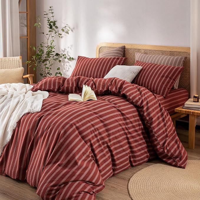 BESTOUCH Striped Cotton Duvet Cover Set Linen Feel Queen | 100% Washed Cotton, Soft Wrinkle Texture, Hidden Zipper, 8 Ties, Breathable Lightweight Durable Comfy, 3 Pcs No Insert