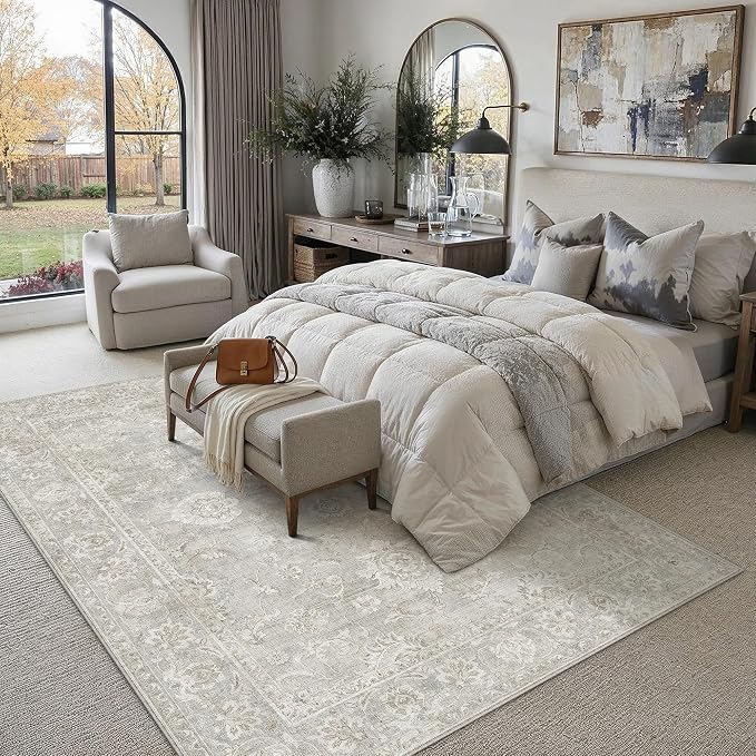 6x9 Grey Neutral Area Rug | Washable, Vintage, Soft, Non Slip, Low Pile, Distressed, Carpet for Living Room Bedroom Dining Room Nursery Home Decor