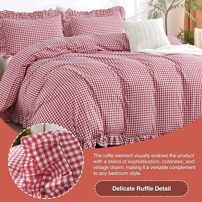 ATsense Red Gingham Ruffle Duvet Cover Set Cotton Like Linen, King | 100% Washed Cotton Linen-Like Feel Soft, Breathable & Comfy. Farmhouse Bedding Set with Zipper & 8 Ties. 3 Pcs, No Insert