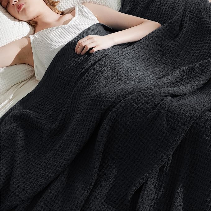 Bedsure 100% Cotton Blanket, Waffle Weave, Full Size, Black, 80"x90" | Breathable, Soft, Cozy, Cooling, Waffle Texture, Summer Blanket for Bed, Gifts for Women, Machine Washable, All Seasons