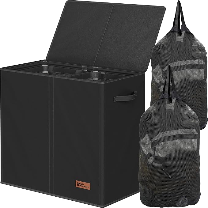 Simple Houseware Double Laundry Hamper with Lid & Removable Bags, Black | Heavy Duty 600D Polyester, Water-Resistant Surface