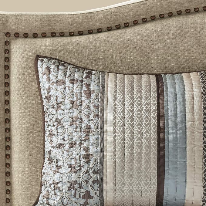 Madison Park Quilt Set Luxurious Jacquard Stripes Design - All Season, Coverlet Bedspread Lightweight Bedding Layer, Shams, Decorative Pillow, Full/Queen(90"x90"), Floral Blue 5 Piece | All Season, Luxurious Coverlet Bedspread Lightweight Bedding Layer...