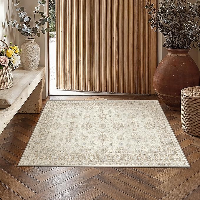 2x3 Beige Neutral Floral Entryway Area Rug | Washable, Soft, Non Slip, Low Pile, Distressed, Small Door Mat for Entrance Bathroom Bedroom Indoor Home Decor