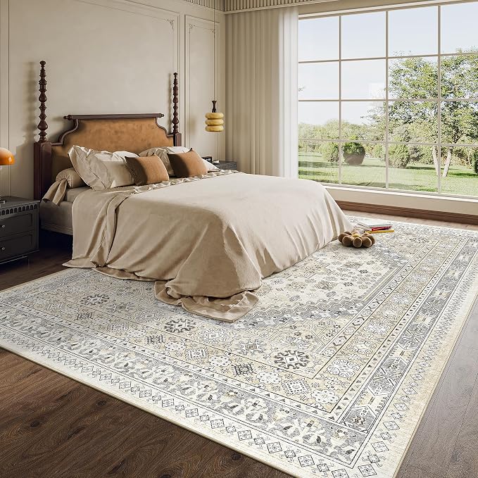 8x10 Area Rugs for Living Room,Large Washable Rug,Beige | Rugs for Bedroom,Dining Room,Office,Low Pile,Soft, Vintage Rug,Stain Resistant Indoor Carpet,Non Slip,Home Decor