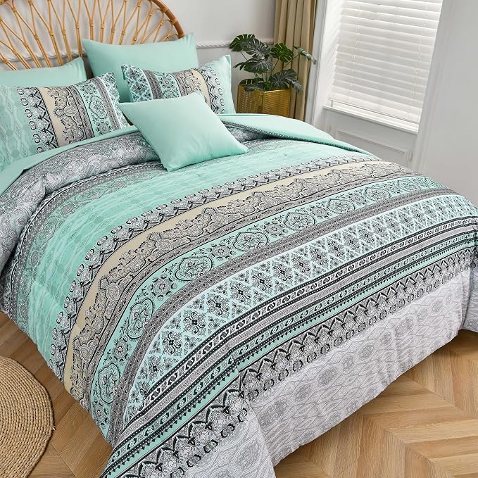 Cottolester Boho Comforter Set Full Size,8 Piece Bed in a Bag Sage Green Paisley Comforter and Sheet Set,Striped Bedding Set Soft Microfiber Complete Bedding Set